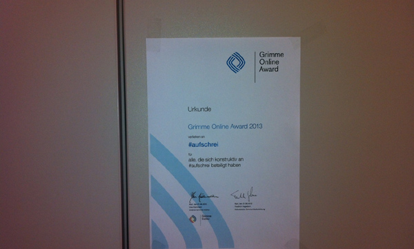 Meine Grimme Urkunde hängt jetzt im Büro.